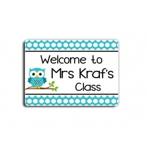 Name sign for teacher classroom decoration white polka dots with a teal owl   142740548247